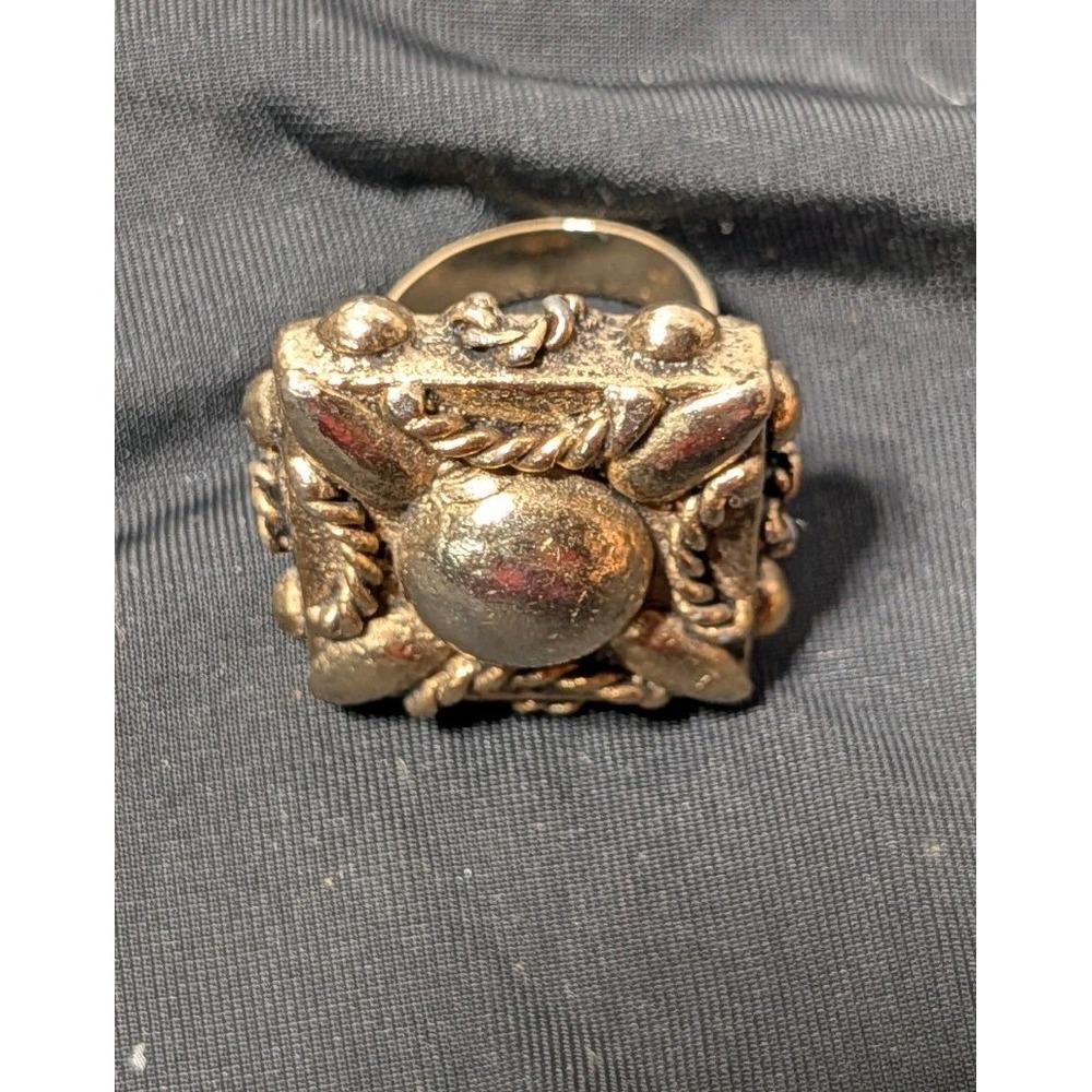 Vintage Gold Tone‎ Adjustable Square Statement Ring Ornate Floral Band Cocktail
